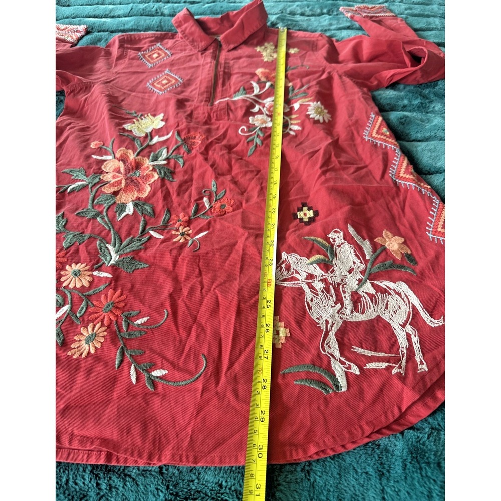 Johnny Was Size Small Helena Zip Shirt Tunic Savvy Red‎ Floral Horse Embroidered - Picture 12 of 13